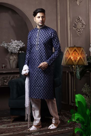Navy Blue Color Cotton Reception Wear Fancy Readymade Kurta Pyjama For Men