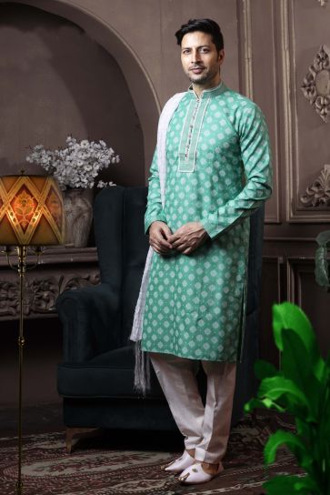 Sea Green Color Cotton Function Wear Stylish Readymade Kurta Pyjama For Men