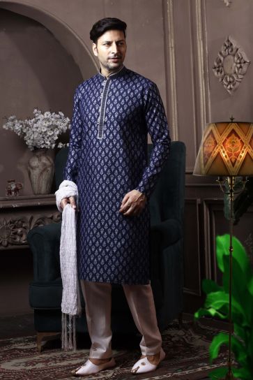 Navy Blue Color Cotton Festive Wear Trendy Readymade Kurta Pyjama For Men