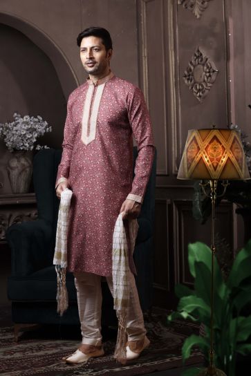 Maroon Color Cotton Festive Wear Designer Readymade Kurta Pyjama For Men