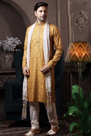Mustard Color Cotton Sangeet Wear Fancy Readymade Kurta Pyjama For Men