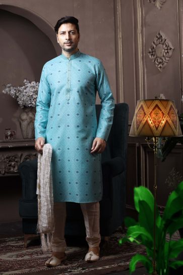 Cyan Color Cotton Wedding Wear Stylish Readymade Kurta Pyjama For Men