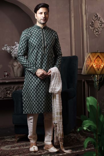 Dark Green Color Cotton Function Wear Designer Readymade Kurta Pyjama For Men