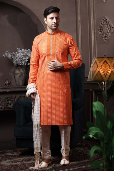 Orange Color Cotton Festive Wear Fancy Readymade Kurta Pyjama For Men