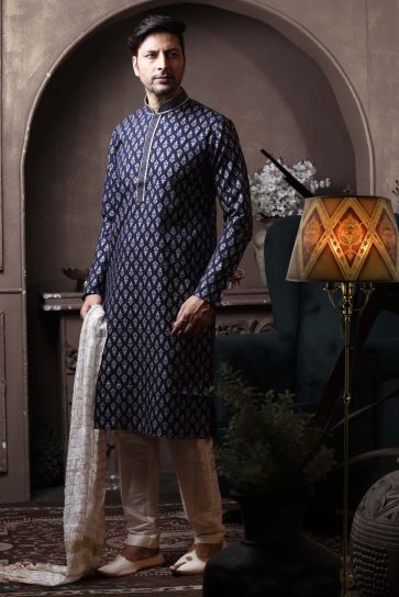 Navy Blue Color Cotton Sangeet Wear Stylish Readymade Kurta Pyjama For Men