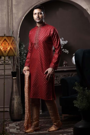 Maroon Color Cotton Function Wear Fancy Readymade Kurta Pyjama For Men