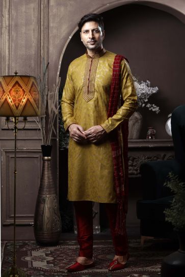 Mustard Color Cotton Function Wear Stylish Readymade Kurta Pyjama For Men