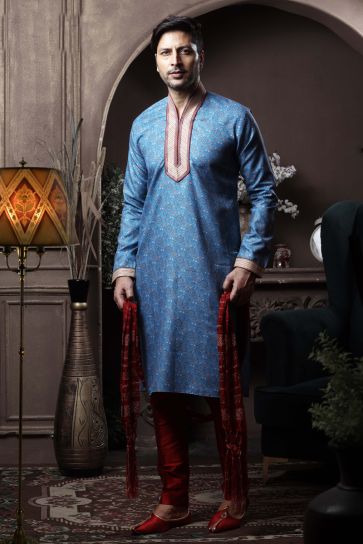 Sky Blue Color Cotton Reception Wear Stylish Readymade Kurta Pyjama For Men