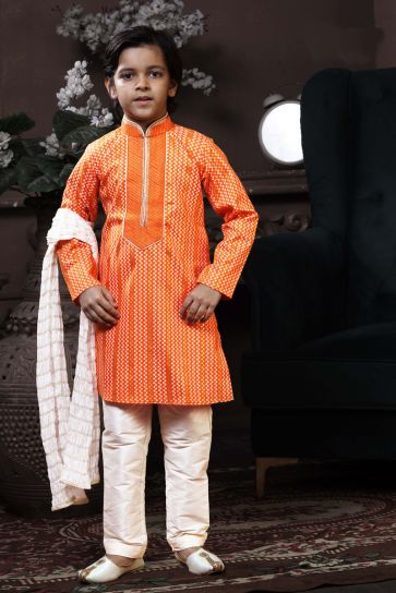 Orange Cotton Printed Festive Wear Readymade Boys Kurta Pyjama