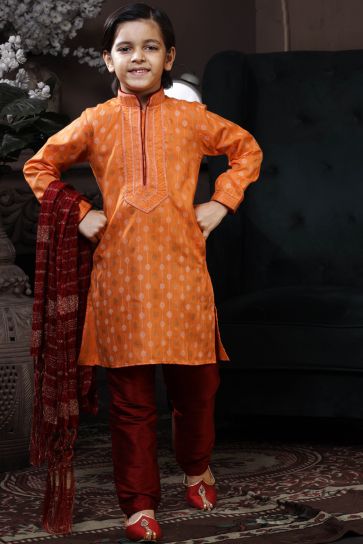 Orange Cotton Printed Function Wear Readymade Boys Kurta Pyjama