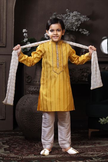 Yellow Cotton Printed Sangeet Wear Readymade Boys Kurta Pyjama