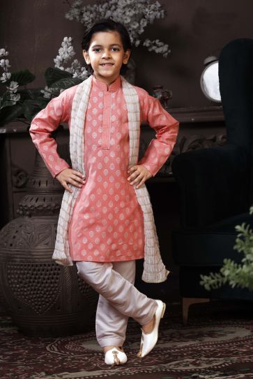 Pink Cotton Printed Function Wear Readymade Boys Kurta Pyjama