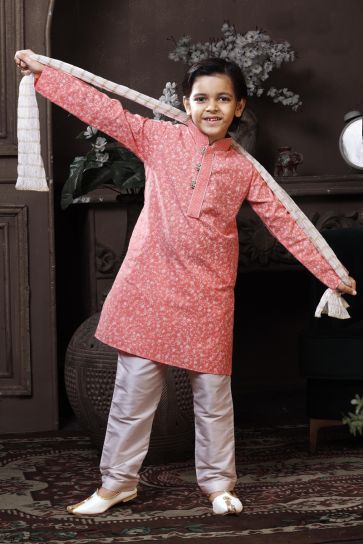 Pink Cotton Printed Sangeet Wear Readymade Boys Kurta Pyjama
