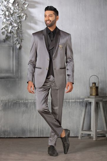 Fantastic Grey Color Satin Fabric Coat Suit