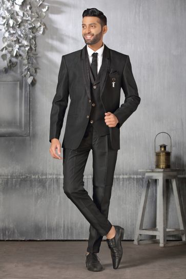 Splendiferous Black Color Rayon Fabric Coat Suit
