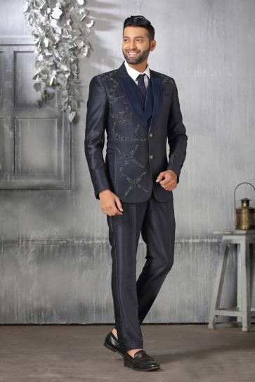 Majestic Navy Blue Color Satin Fabric Coat Suit