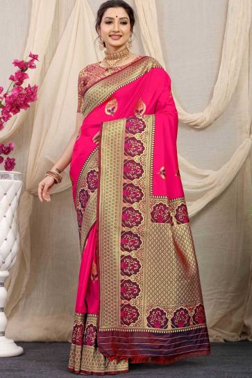 Banarasi Silk Fabric Festive Wear Engaging Saree In Rani Color