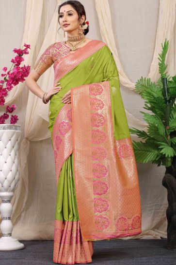 Festive Wear Banarasi Silk Fabric Green Color Vintage Saree