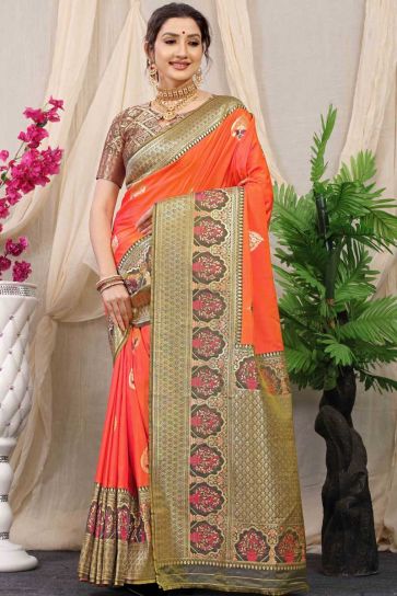 Orange Color Banarasi Silk Fabric Festive Wear Luminous Saree