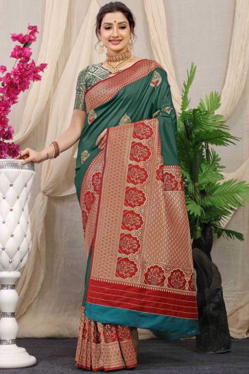 Banarasi Silk Fabric Festive Wear Vivacious Saree In Dark Green Color