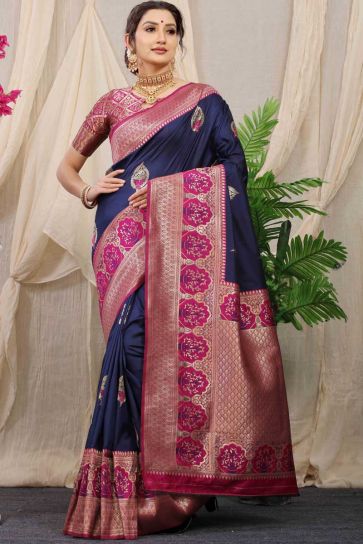 Banarasi Silk Fabric Festive Wear Mesmeric Saree In Navy Blue Color