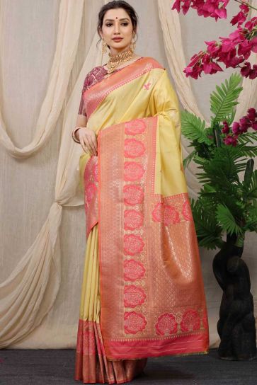 Yellow Color Festive Wear Banarasi Silk Fabric Incredible Saree