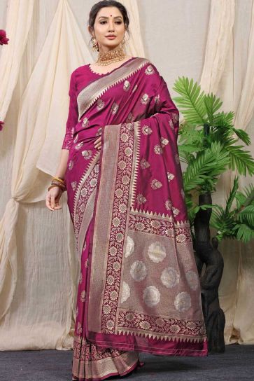 Rani Color Glorious Banarasi Silk Fabric Saree In Function Wear