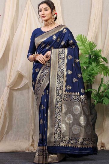 Delicate Navy Blue Color Function Wear Banarasi Silk Fabric Saree