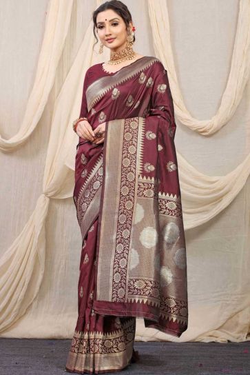 Function Wear Imposing Banarasi Silk Fabric Saree In Maroon Color