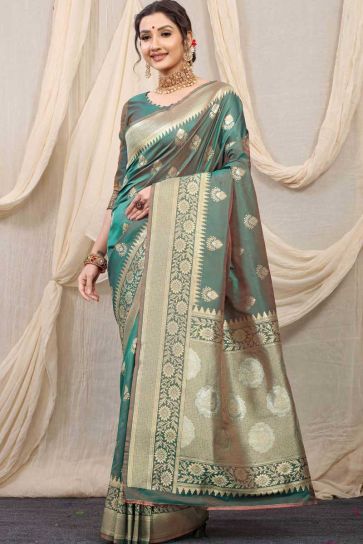 Function Wear Soothing Banarasi Silk Fabric Saree In Sea Green Color