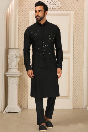 Engaging Black Color Art Silk Fabric Kurta Pyjama Jacket Set