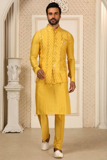 Classic Yellow Color Kurta Pyjama Jacket Set In Art Silk Fabric