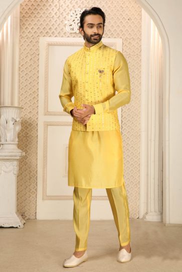 Creative Kurta Pyjama Jacket Set In Yellow Color Art Silk Fabric