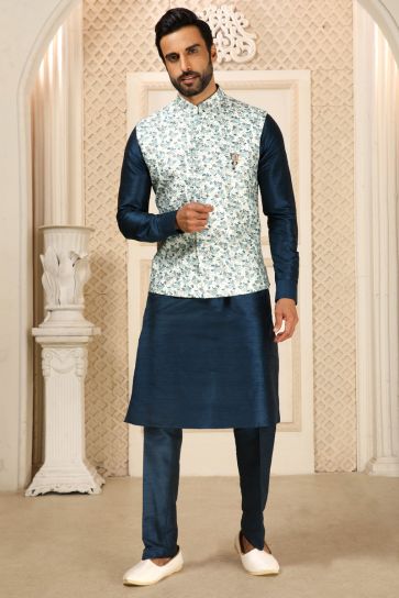 Art Silk Fabric Marvellous Kurta Pyjama Jacket Set In Navy Blue Color