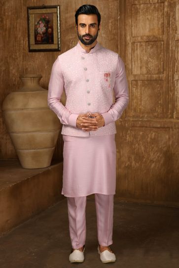 Engaging Pink Color Art Silk Fabric Kurta Pyjama Jacket