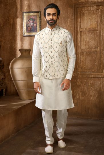 Mesmeric White Color Kurta Pyjama Jacket Set In Art Silk Fabric