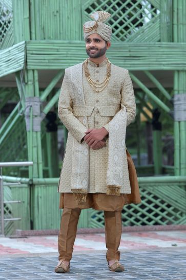 Wedding Wear Attractive Readymade Men Groom Sherwani In Beige Color