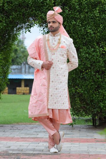 Off White Color Wedding Wear Readymade Men Stylish Groom Sherwani