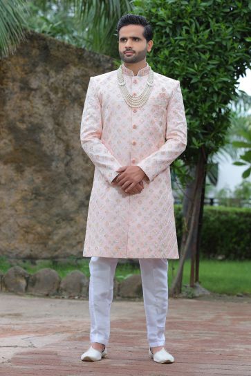 Silk Pink Wedding Wear Readymade Lovely Groom Sherwani For Men