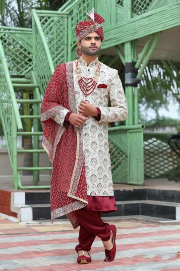 Silk Off White Artistic Magnificent Readymade Men Groom Sherwani For Wedding Wear