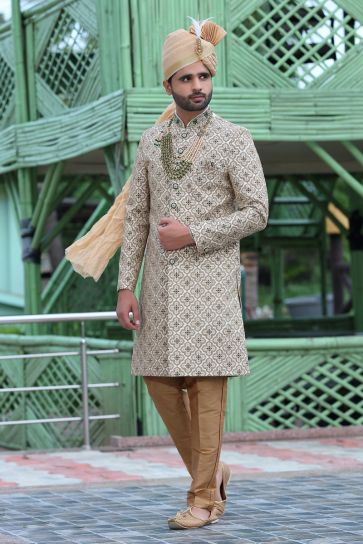 Gorgeous Silk Fabric Wedding Wear Readymade Groom Sherwani For Men