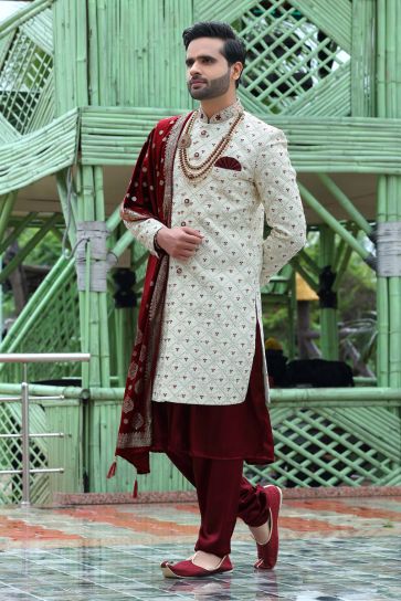 Fancy Off White Color Wedding Wear Readymade Designer Men Groom Sherwani