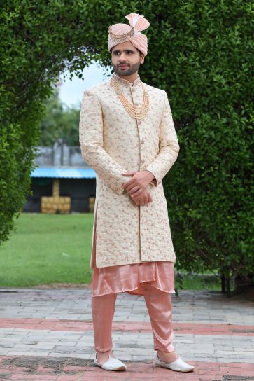 Beautiful Silk Fabric Wedding Wear Groom Sherwani For Men In Cream Color