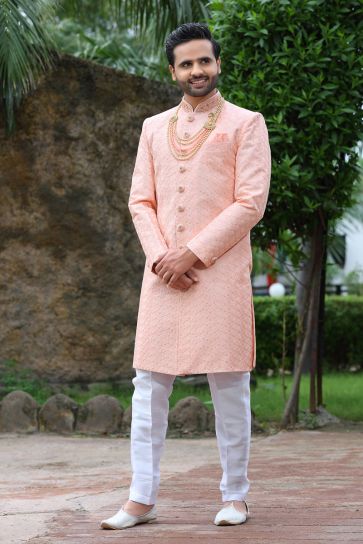 Peach Color Wedding Wear Readymade Groom Sherwani For Men In Silk Fabric