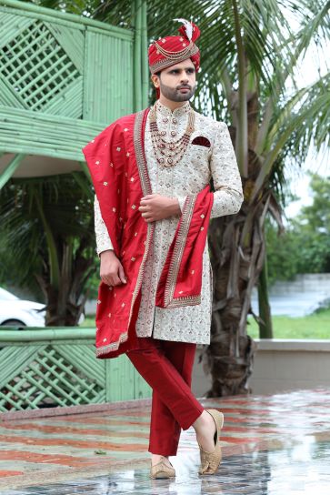 Beige Color Wedding Wear Silk Fabric Designer Readymade Groom Sherwani For Men