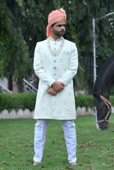White Color Silk Fabric Wedding Wear Readymade Groom Sherwani For Men