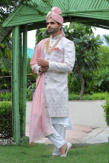 Off White Color Gorgeous Silk Wedding Wear Groom Sherwani For Men