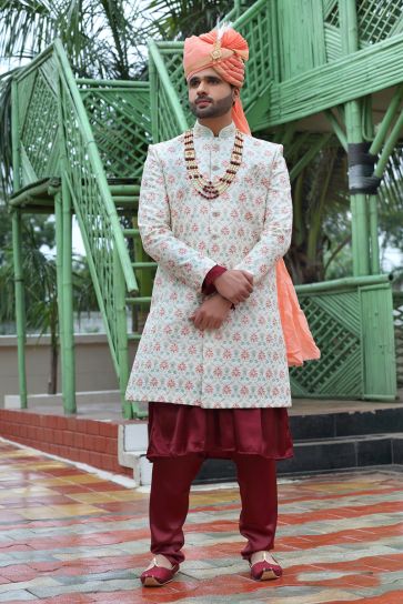 Off White Color Silk Fabric Wedding Wear Designer Readymade Groom Sherwani For Men