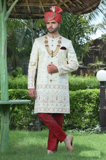 Wedding Wear Silk Fabric Designer Readymade Groom Sherwani For Men