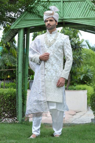 Silk Fabric Wedding Wear Designer Readymade Men Groom Sherwani